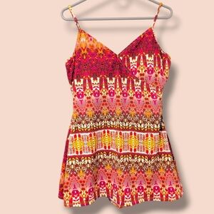 Garnet Hill Pink Red Multicolor Printed V-Neck Tankini One-Piece Swimsuit 14